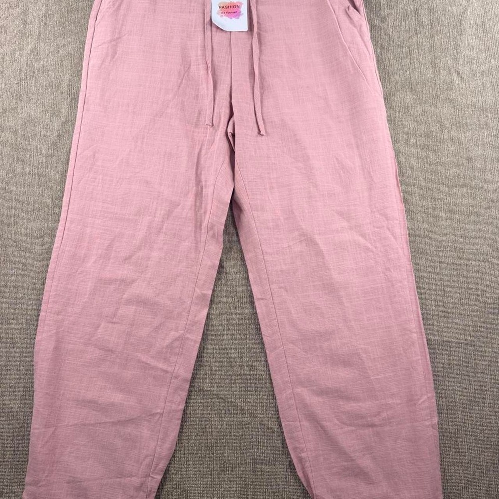 Boutique Pink Cotton Linen Wide Leg Drawstring Pants Medium QSH-SY0058